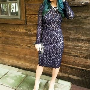 Navy Sequined Lace Cut Out Dress